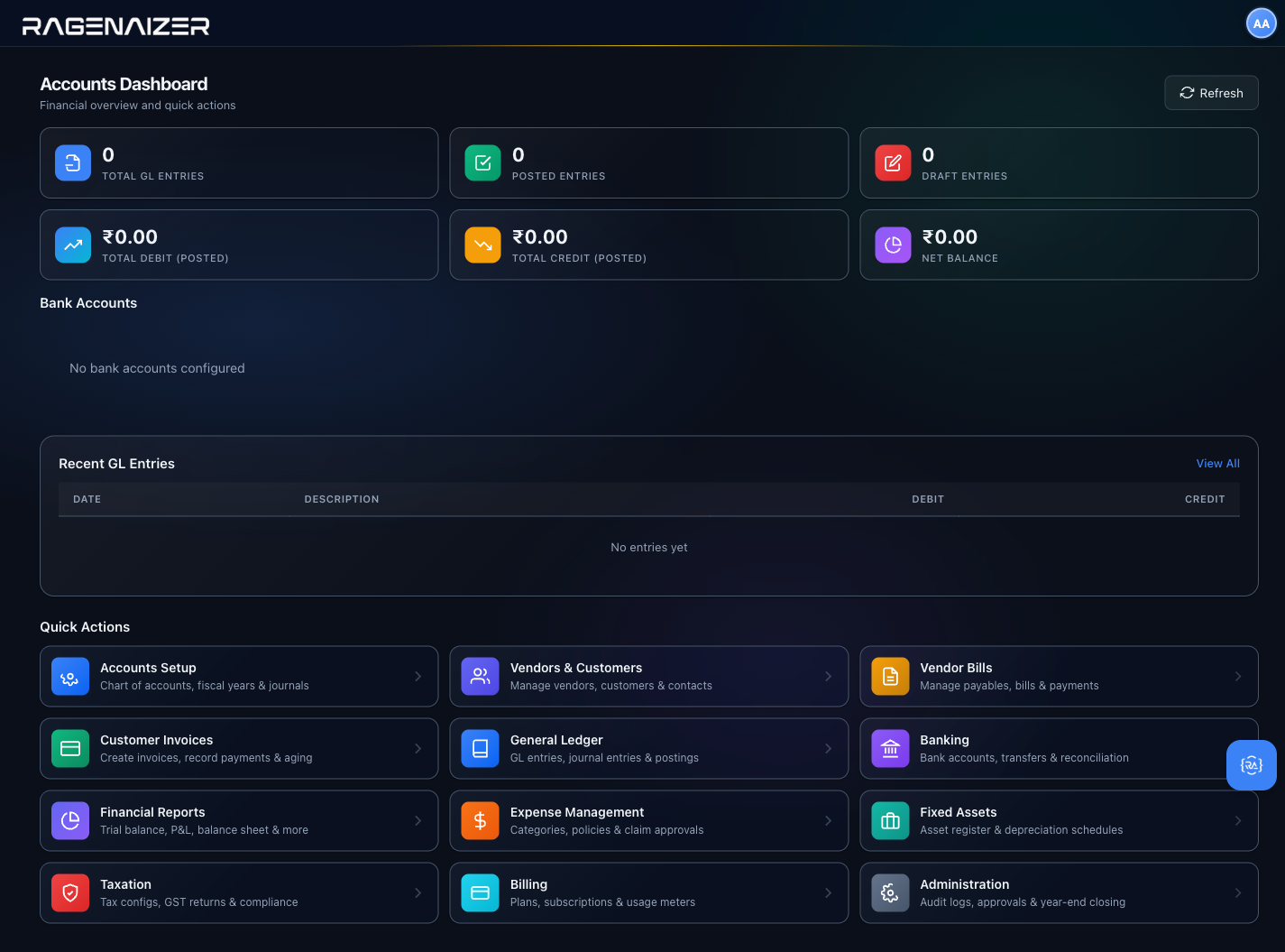 Accounts dashboard, empty state