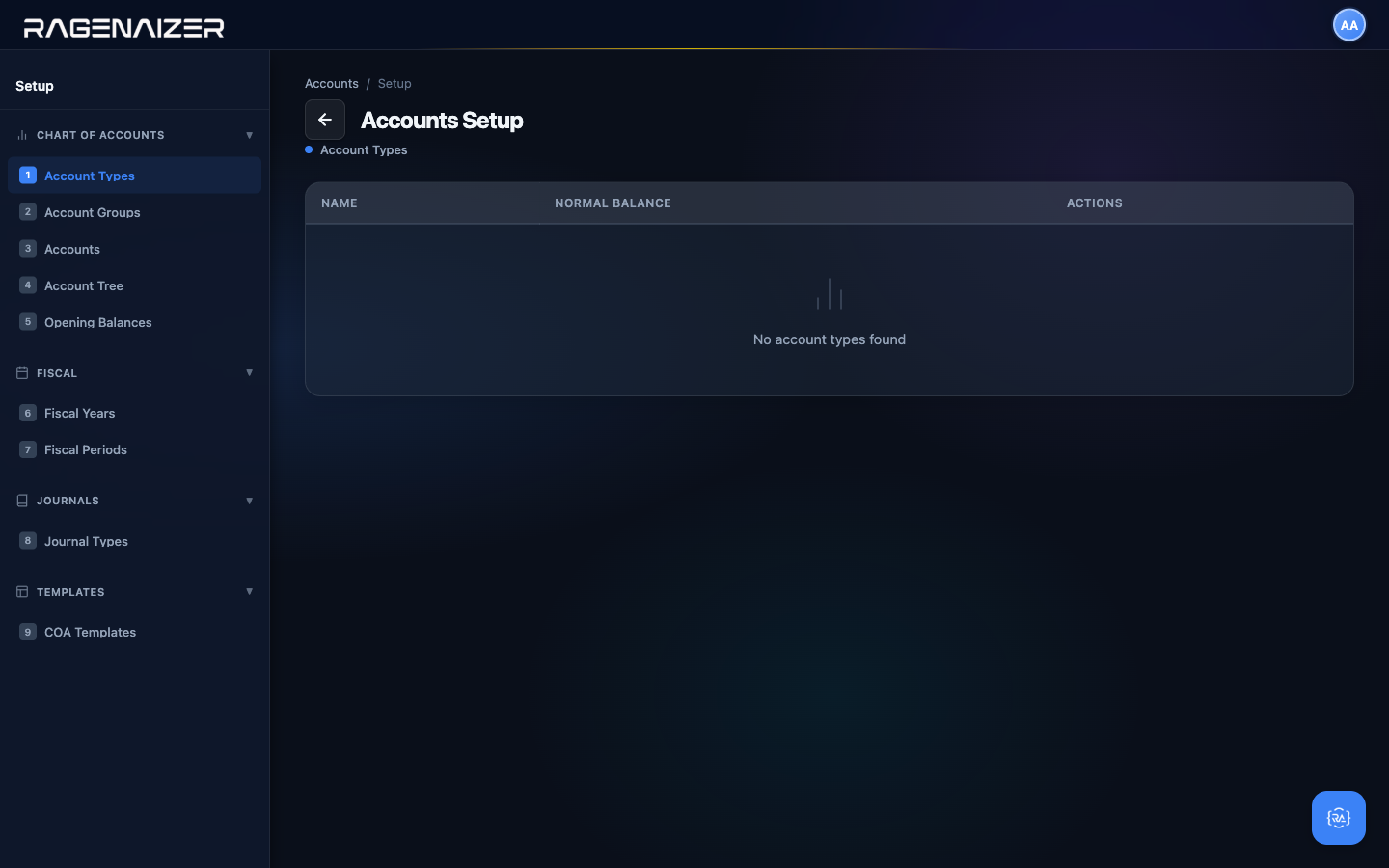 Accounts Setup hub, empty state