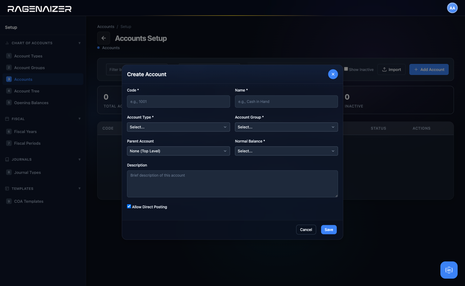 Create Account modal, empty
