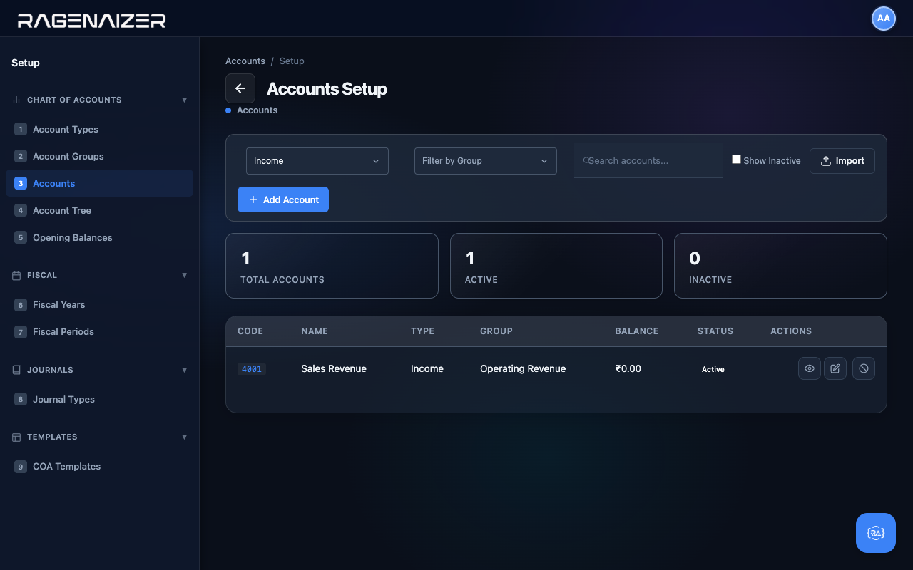 Accounts filtered to Income