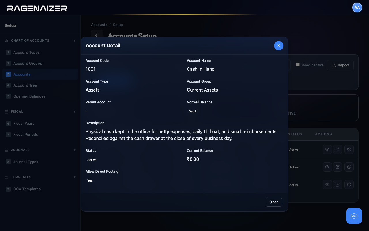 Account detail view modal