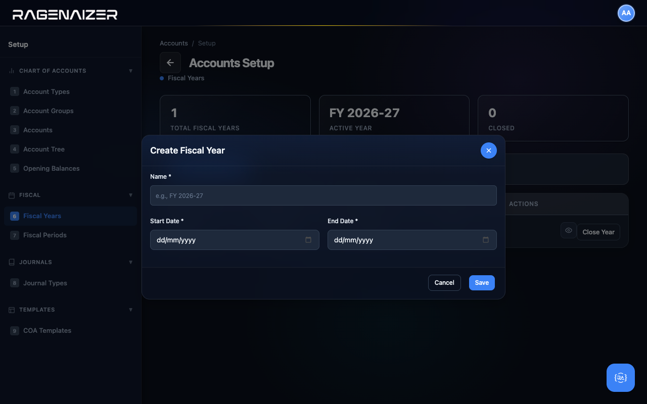 Create Fiscal Year modal empty