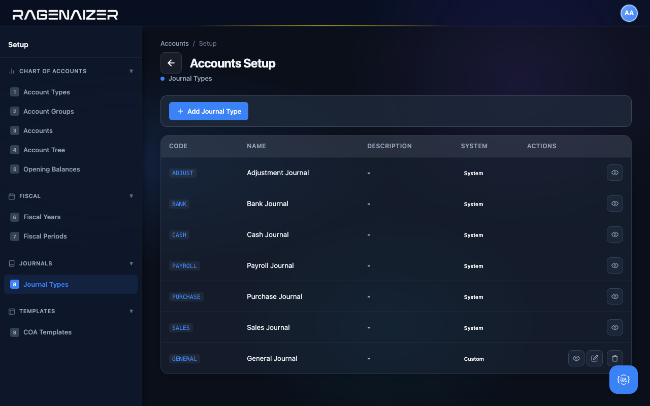 Journal types tab