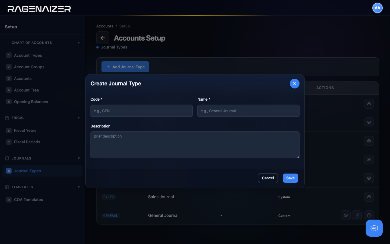Create journal type modal