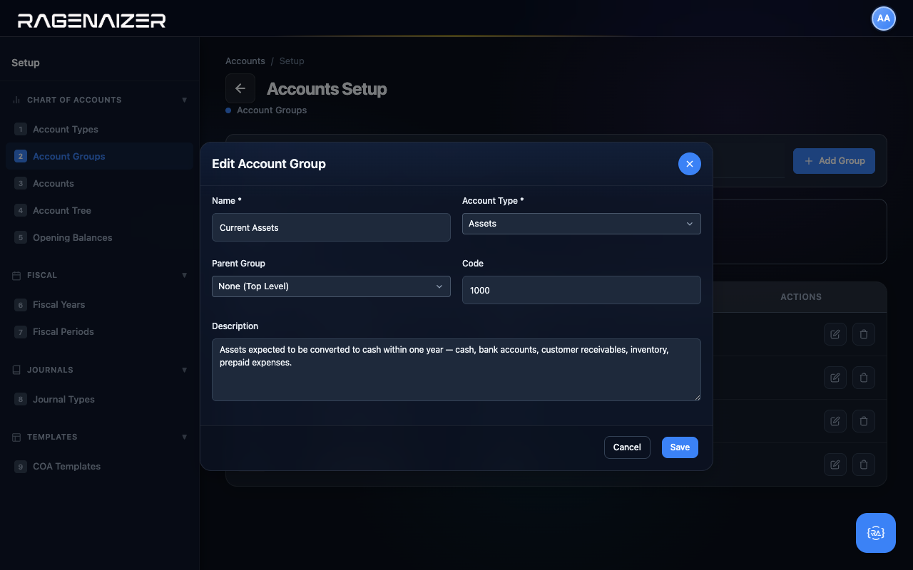 Edit account group modal prefilled