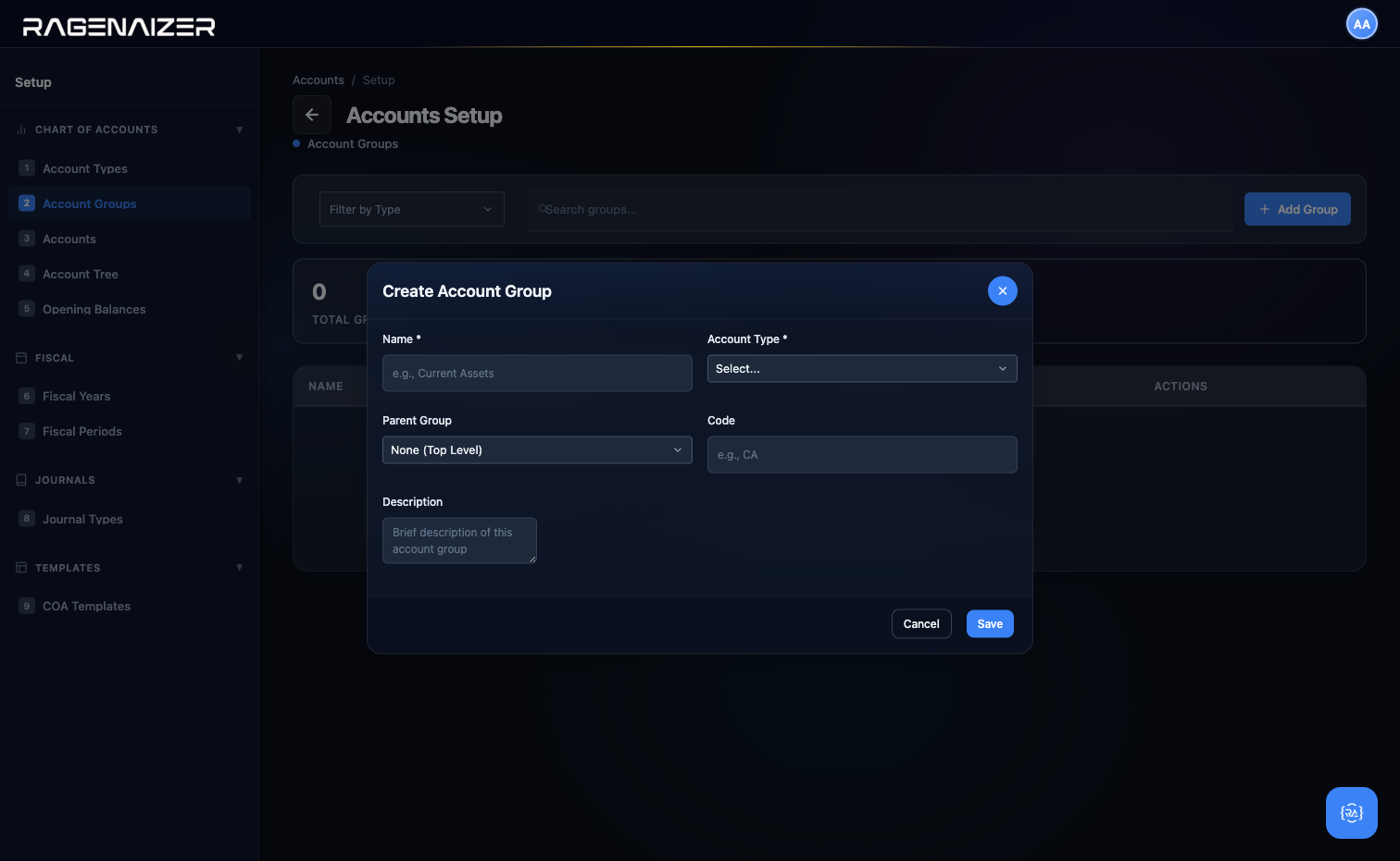 Create Account Group modal, empty