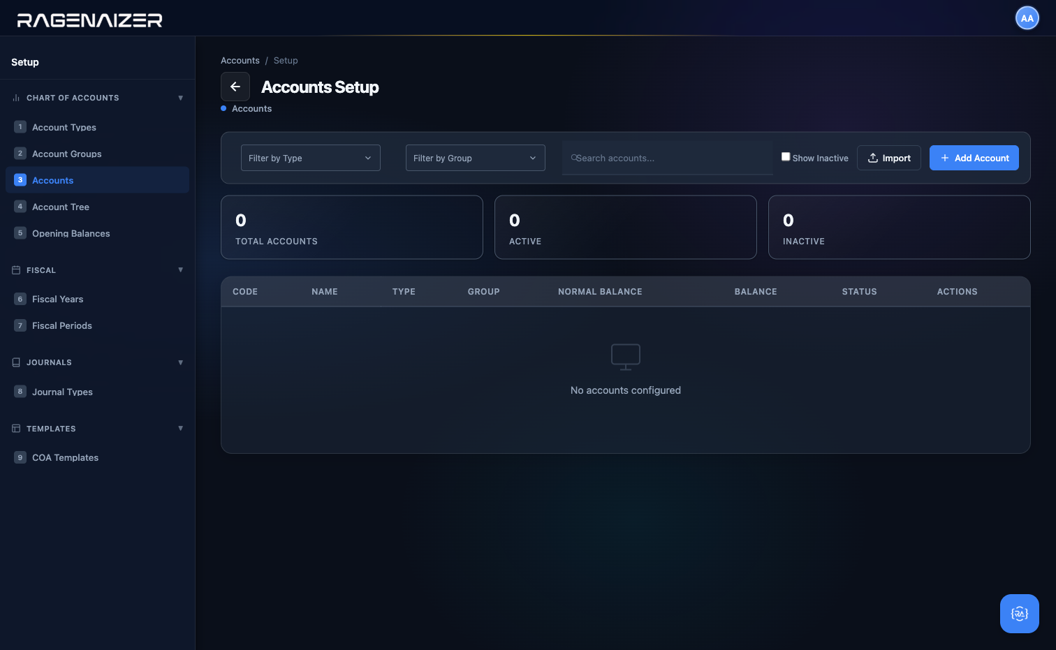 Accounts tab, empty