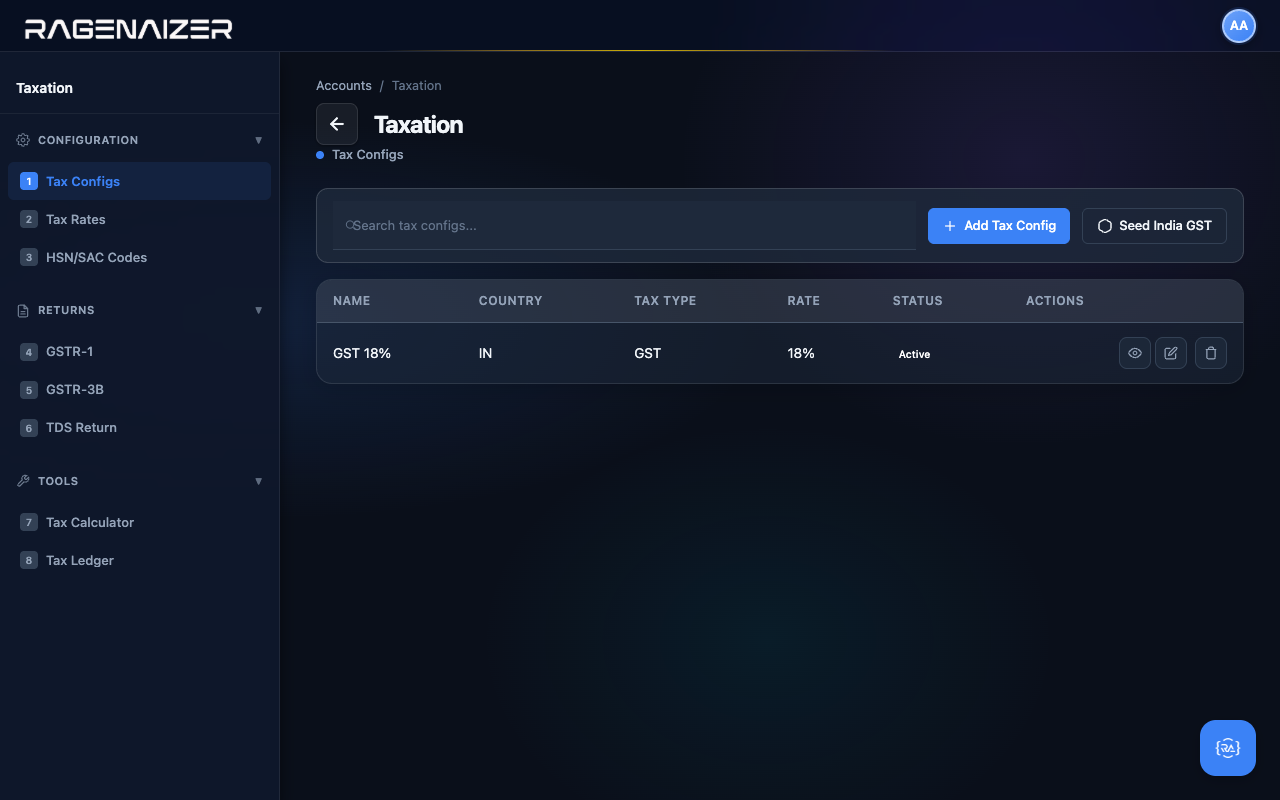 Tax Configs tab
