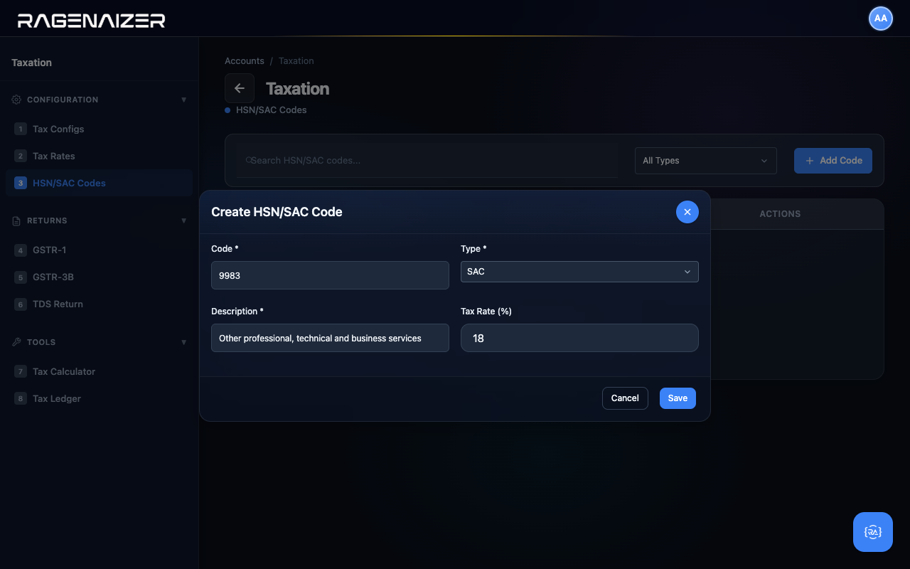 Create HSN/SAC code modal