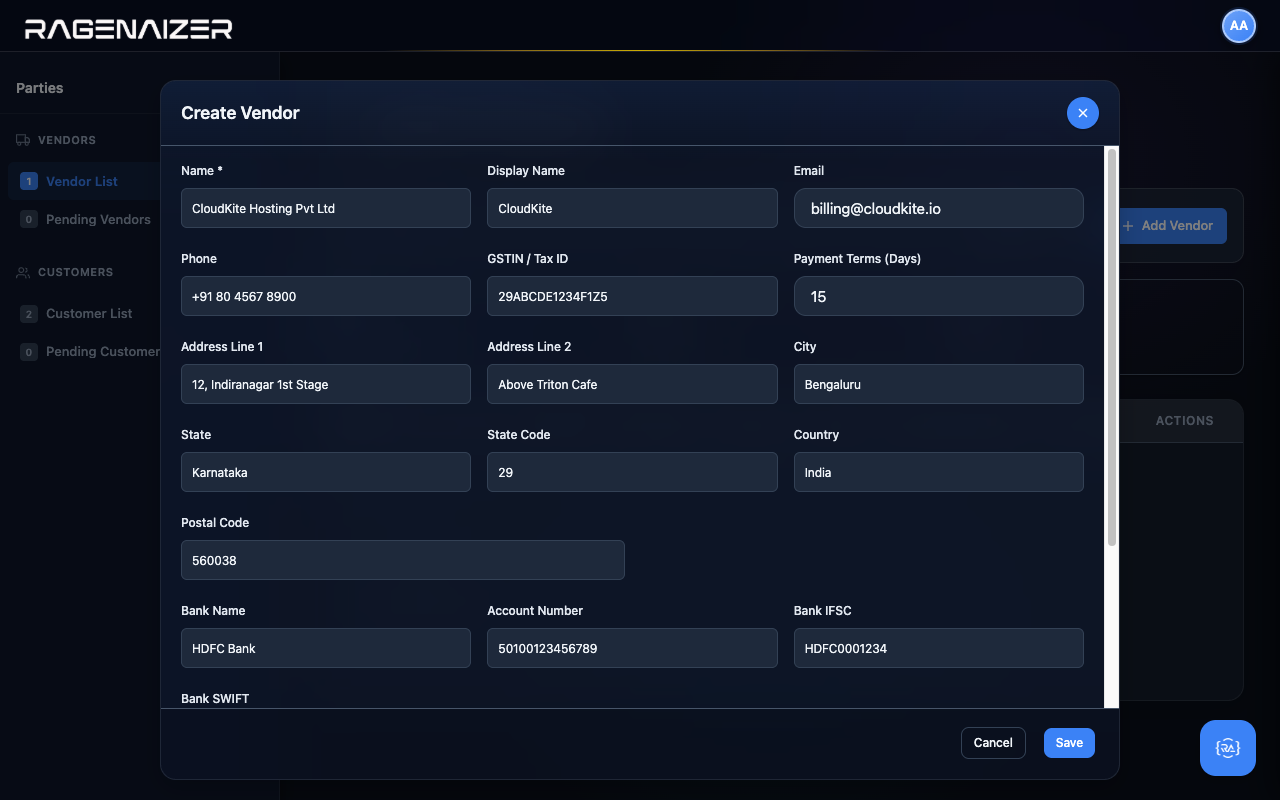 Vendor modal filled