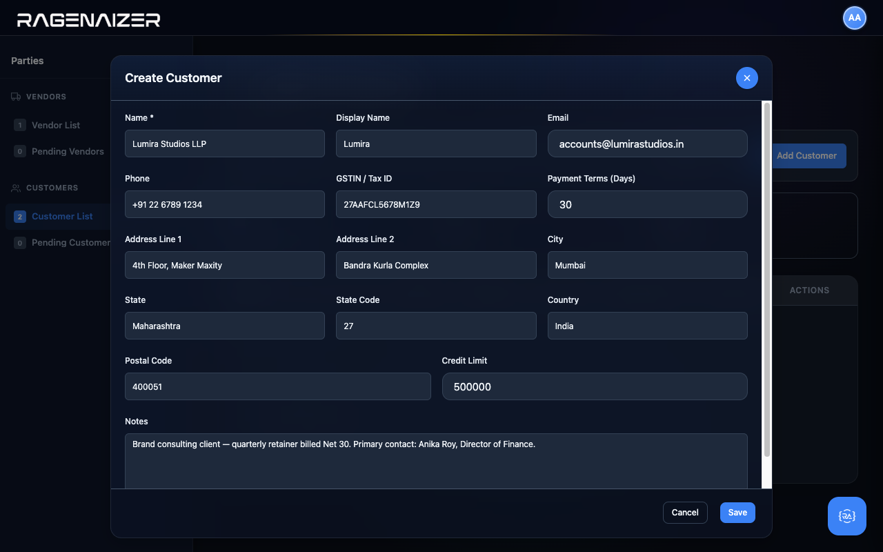 Customer modal filled in
