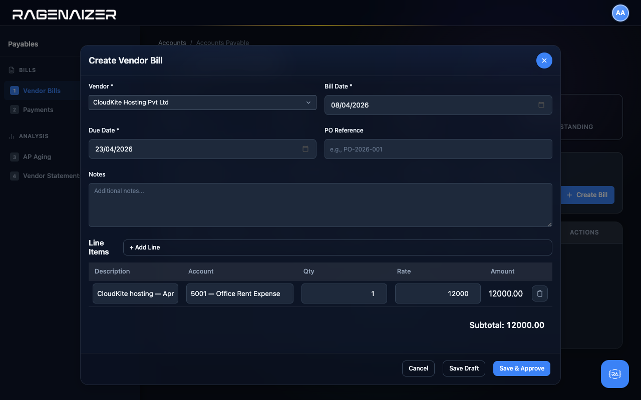 Vendor bill modal filled