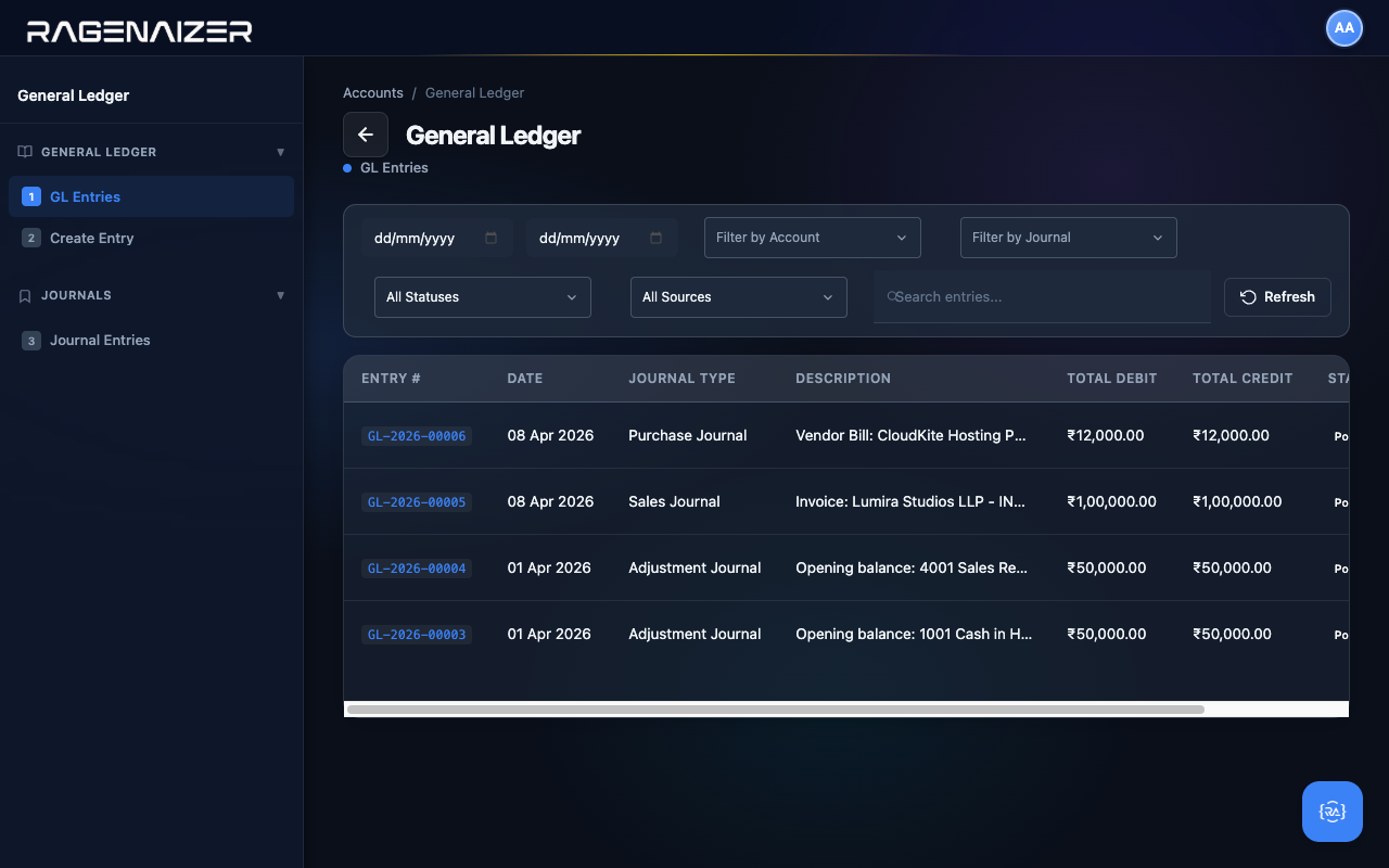 GL Entries listing