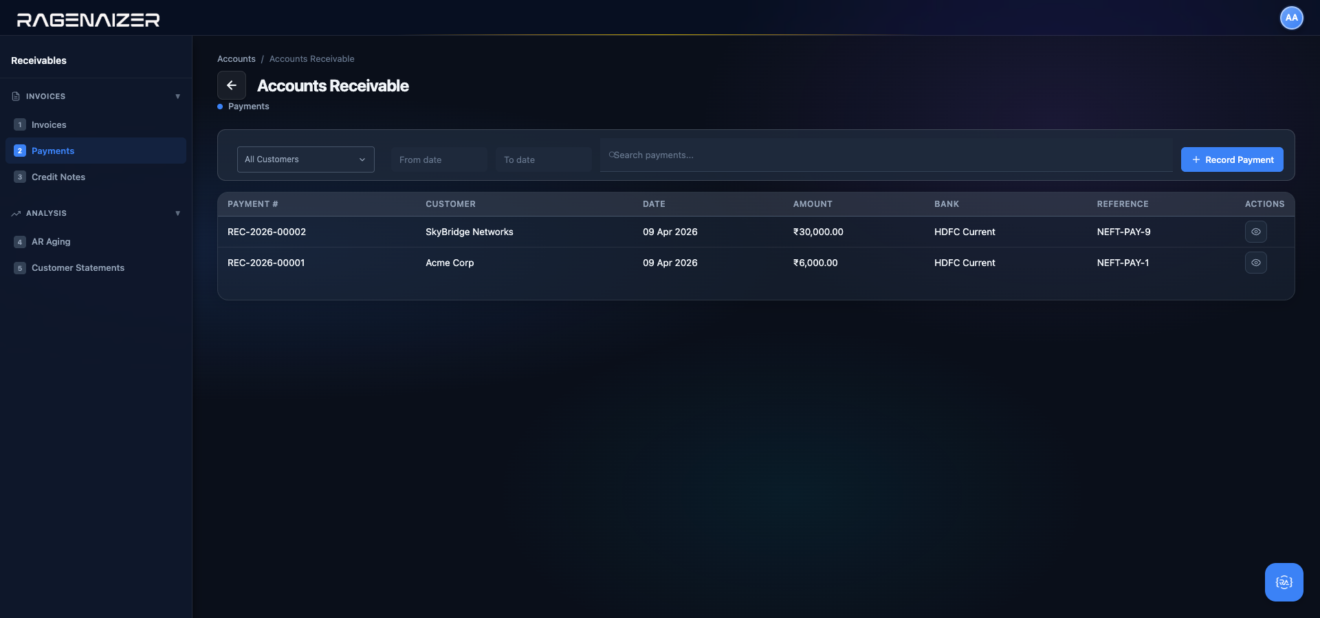 Customer payments list