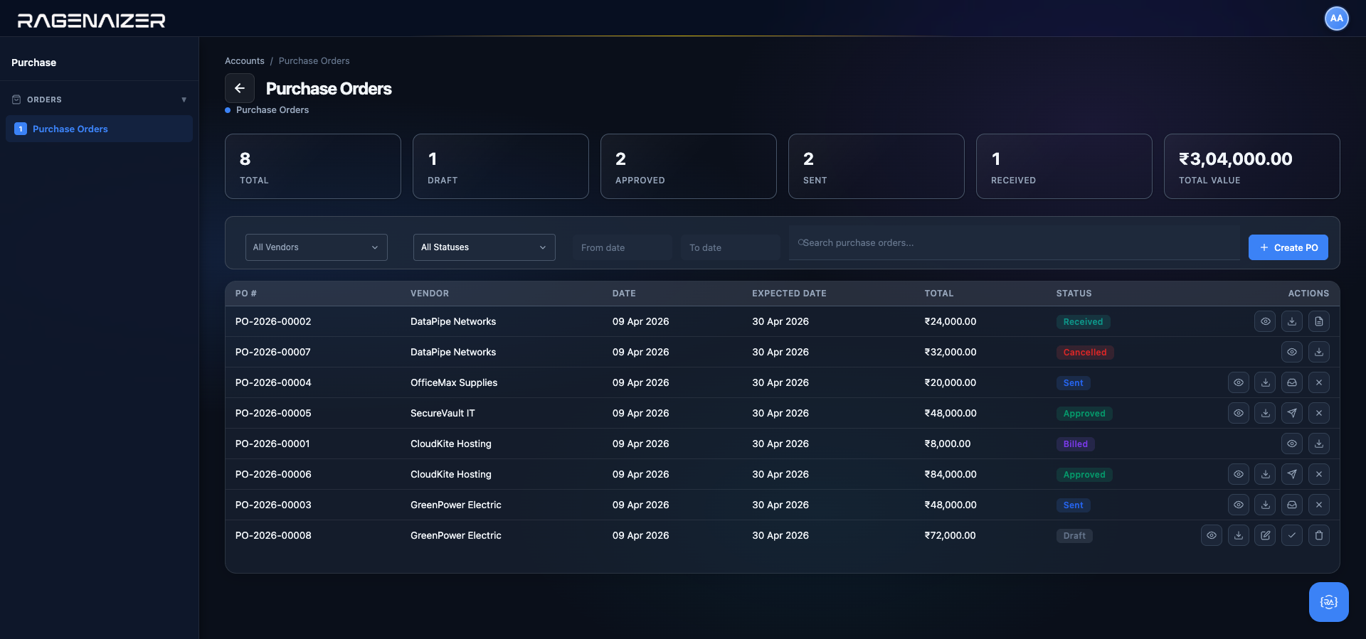 Purchase Orders list baseline