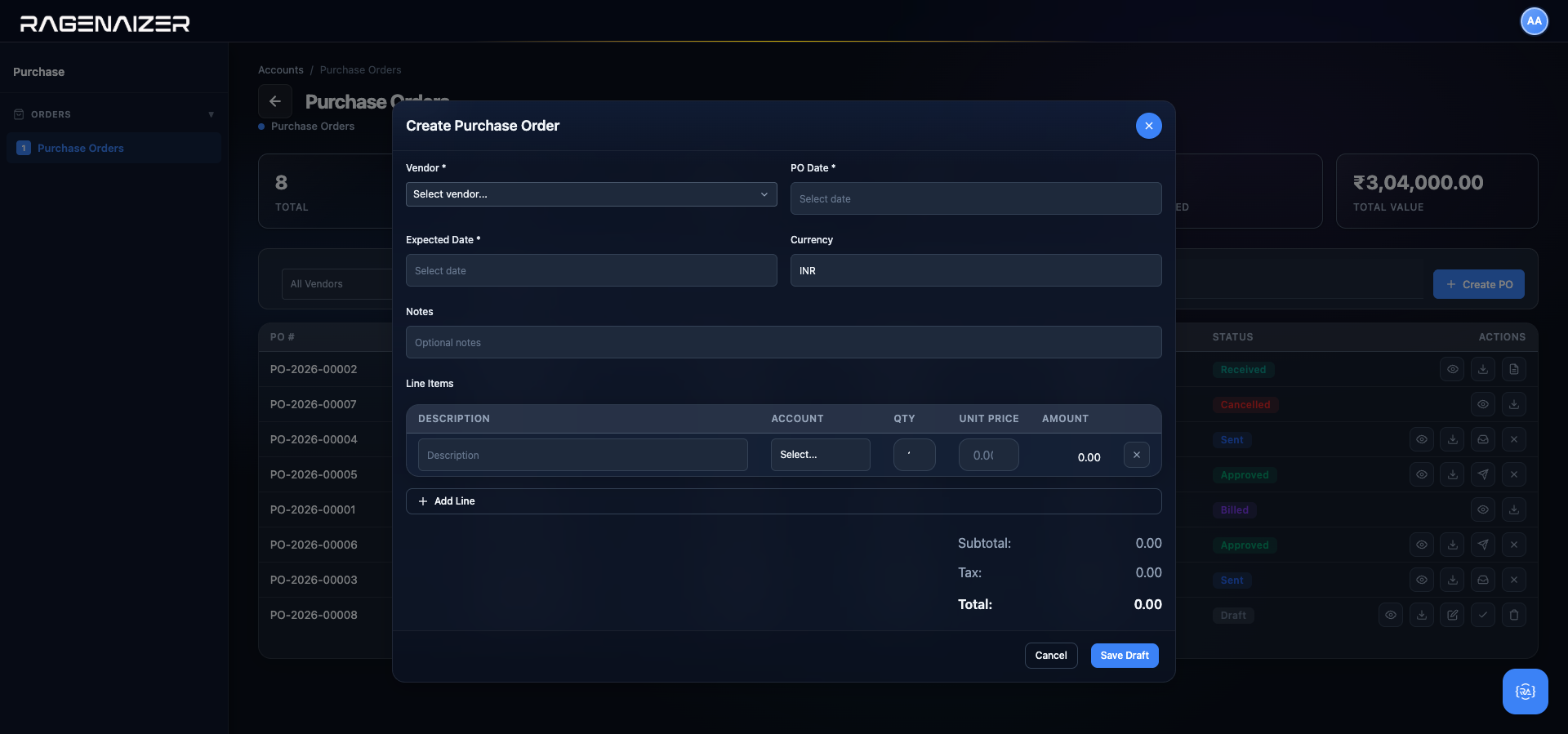Create Purchase Order modal empty