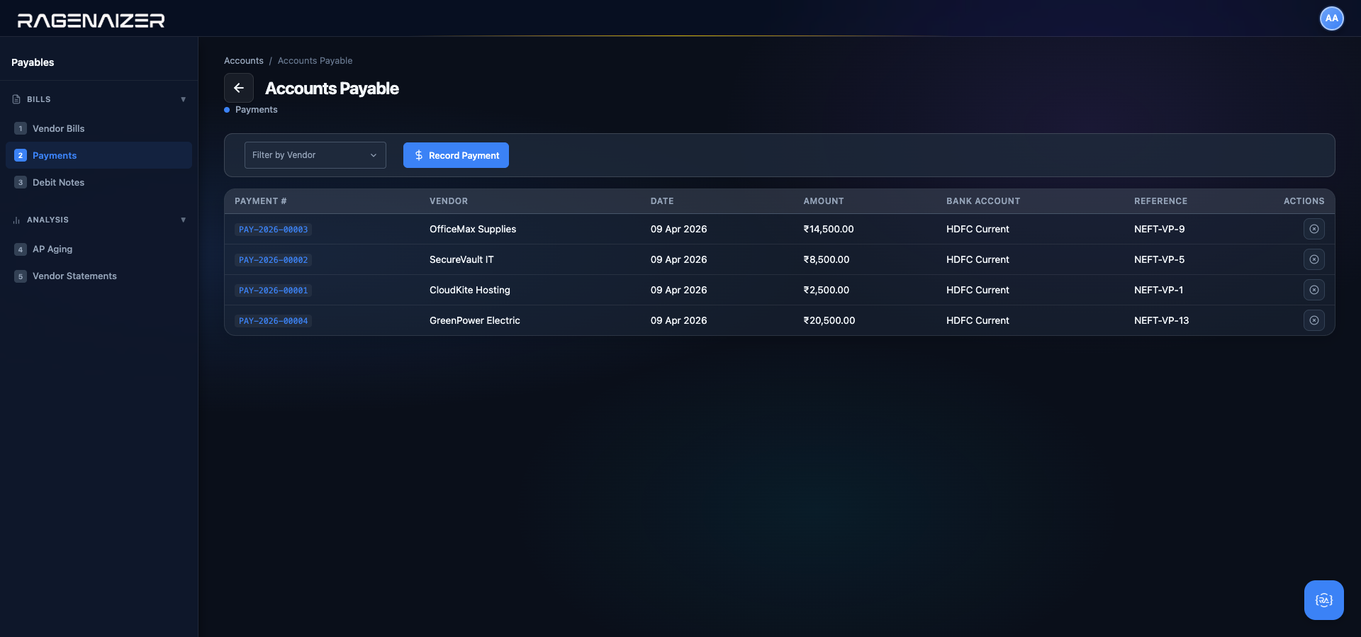 Vendor payments list with void buttons