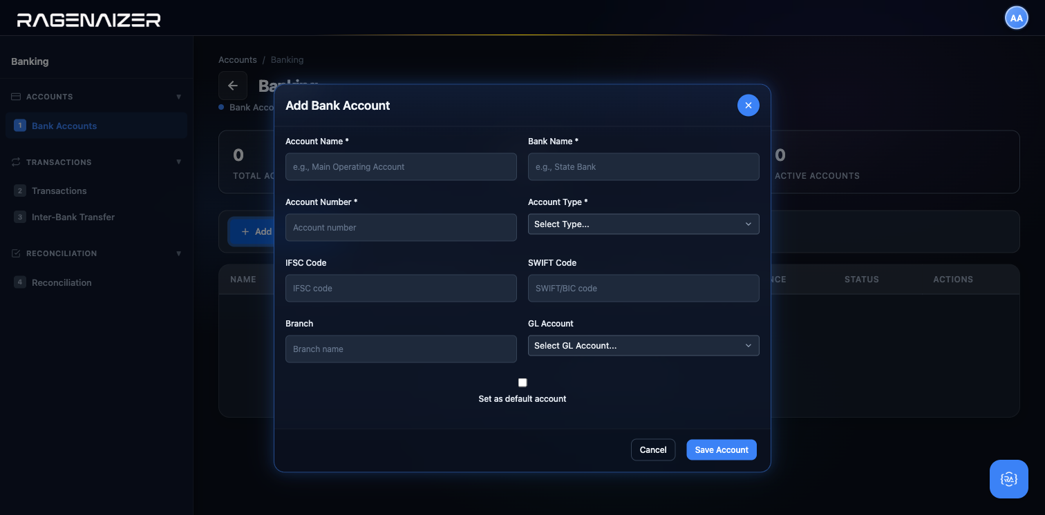 Add Bank Account modal empty