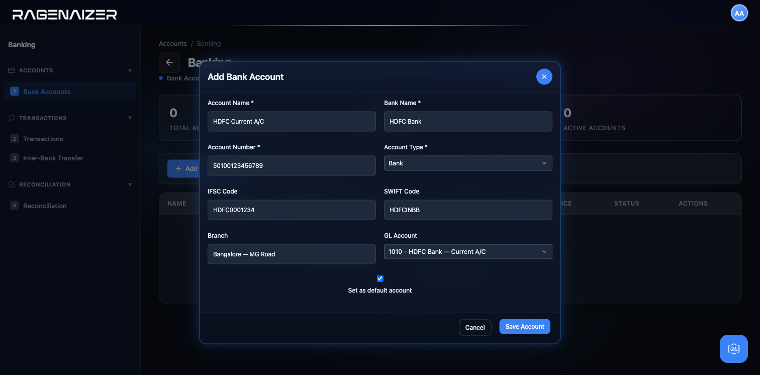 Add Bank Account modal filled