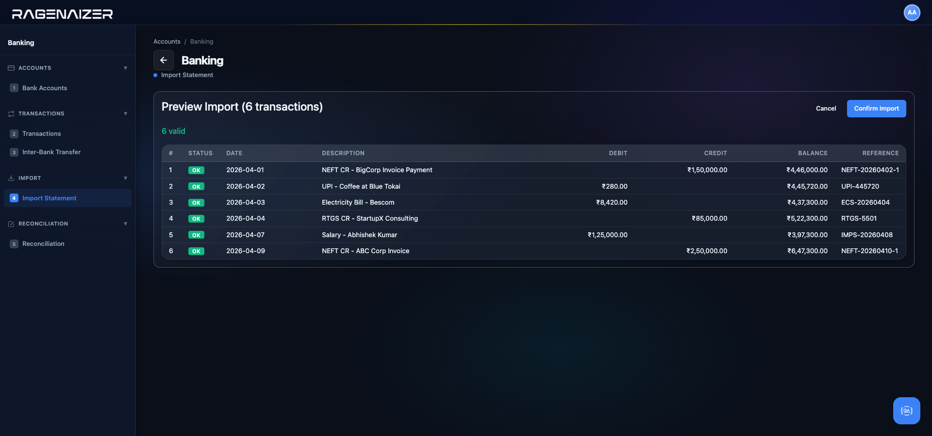 Statement import preview