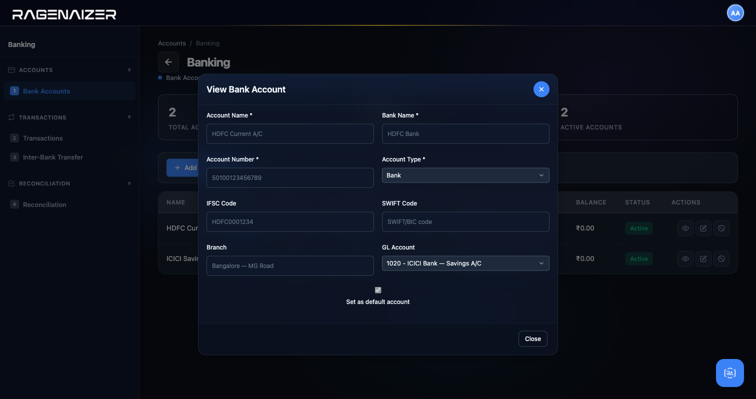 Bank Account View modal
