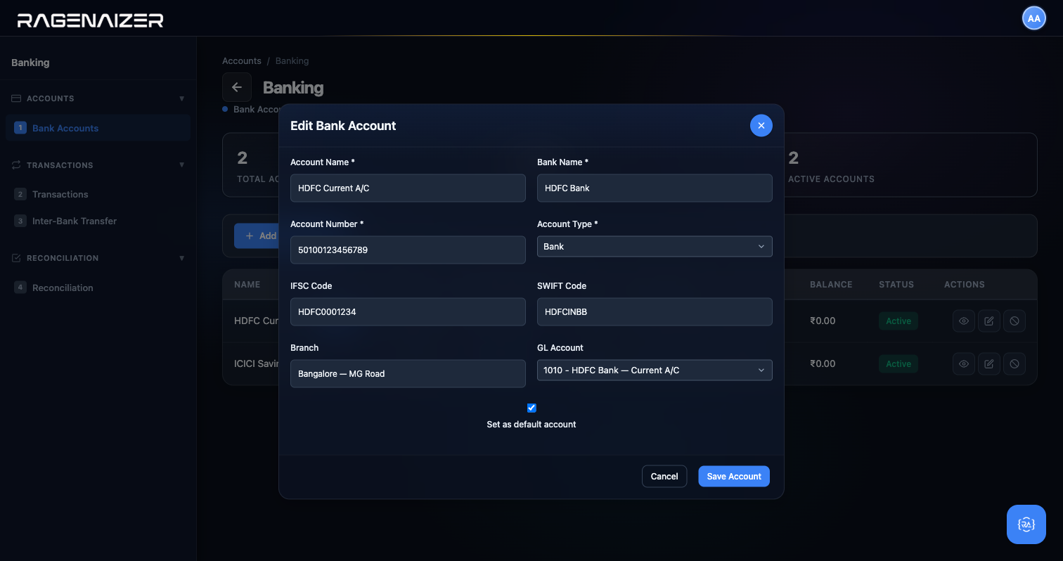 Bank Account Edit modal