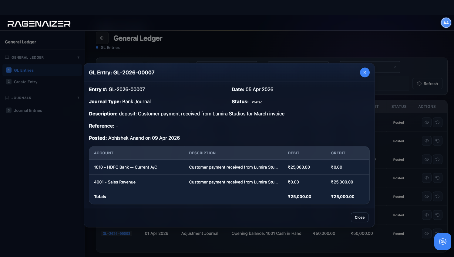GL entry view modal