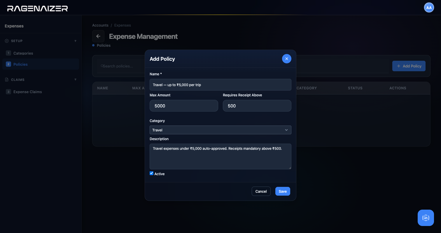 Policy modal filled