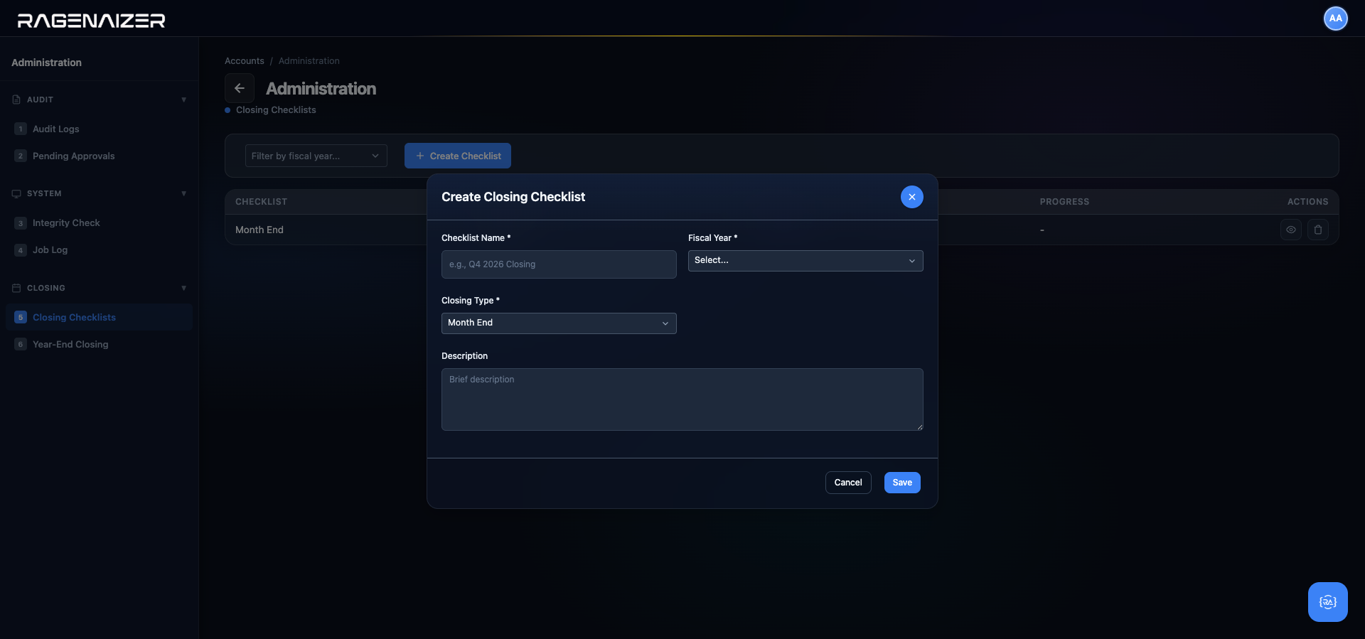 Create checklist modal