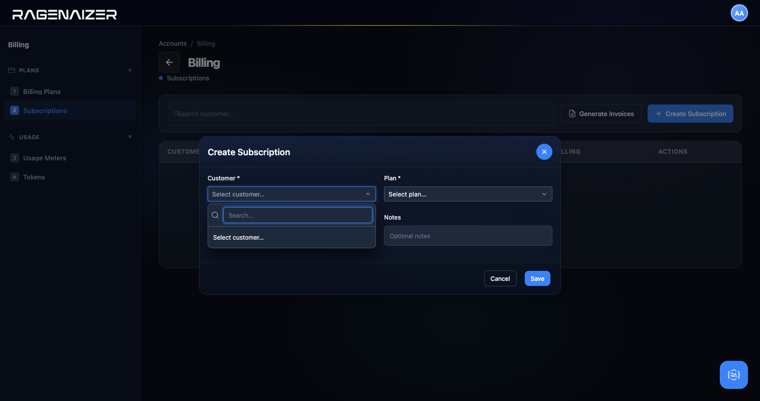 Subscription customer dropdown