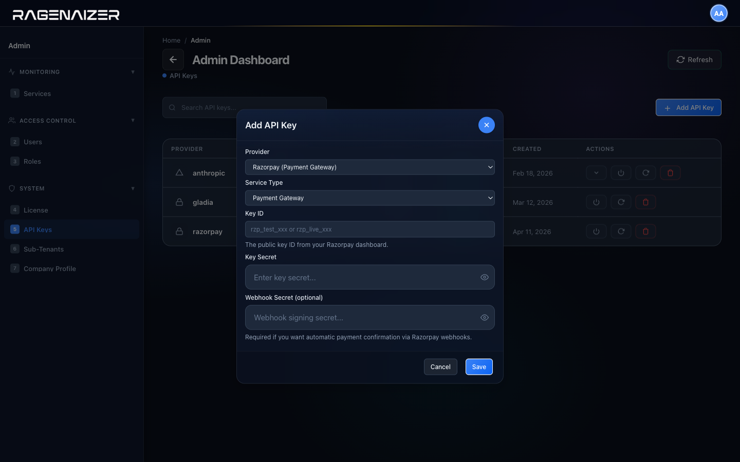 Add API Key modal with Razorpay selected