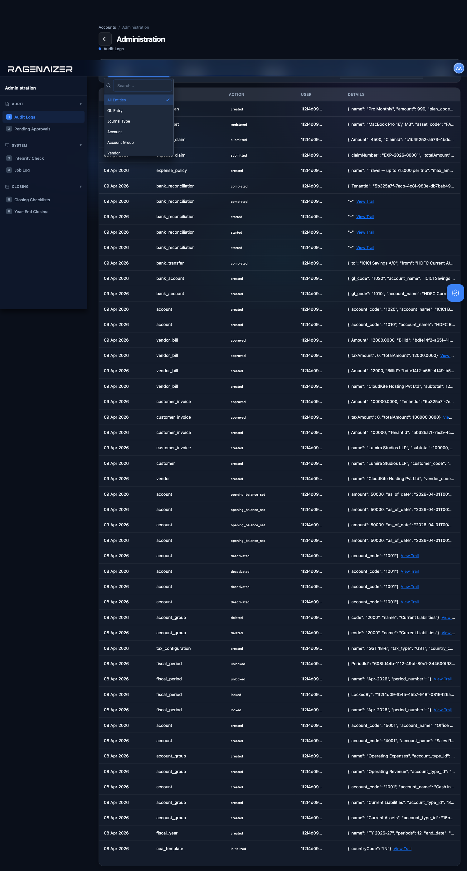 Audit log filtered to bank