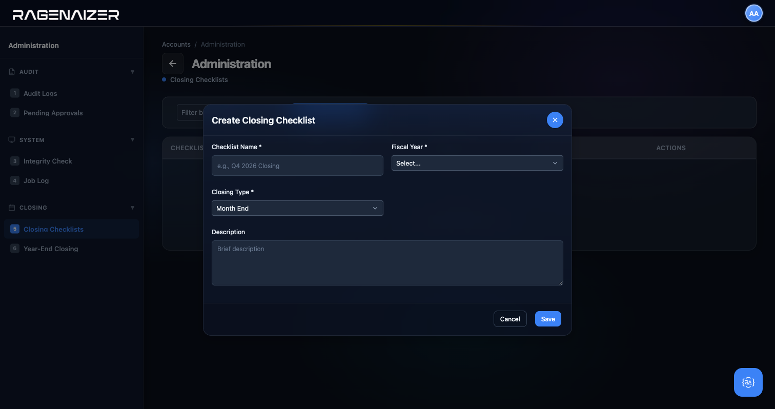 Closing checklist modal
