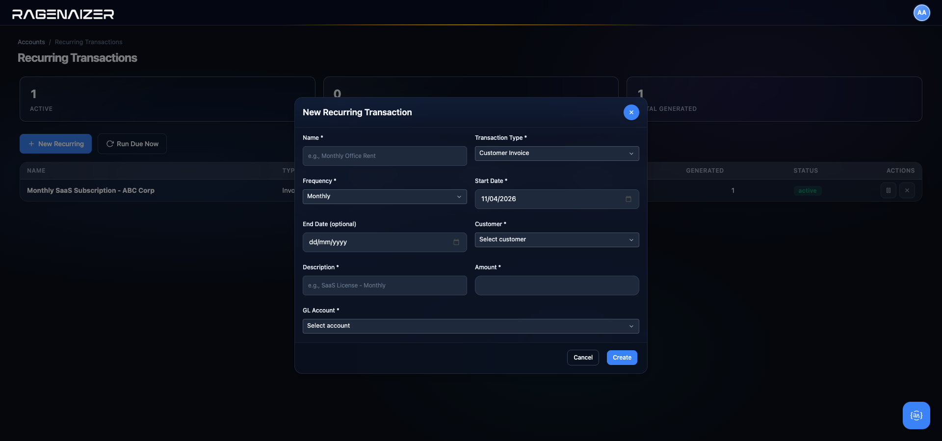 New Recurring Transaction modal empty