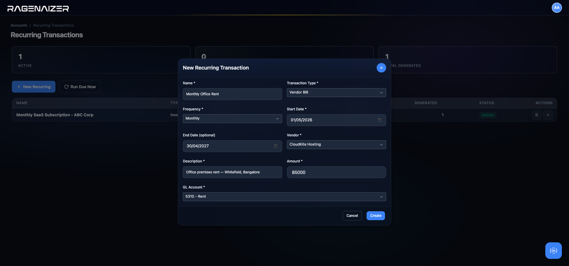 New Recurring Transaction modal filled