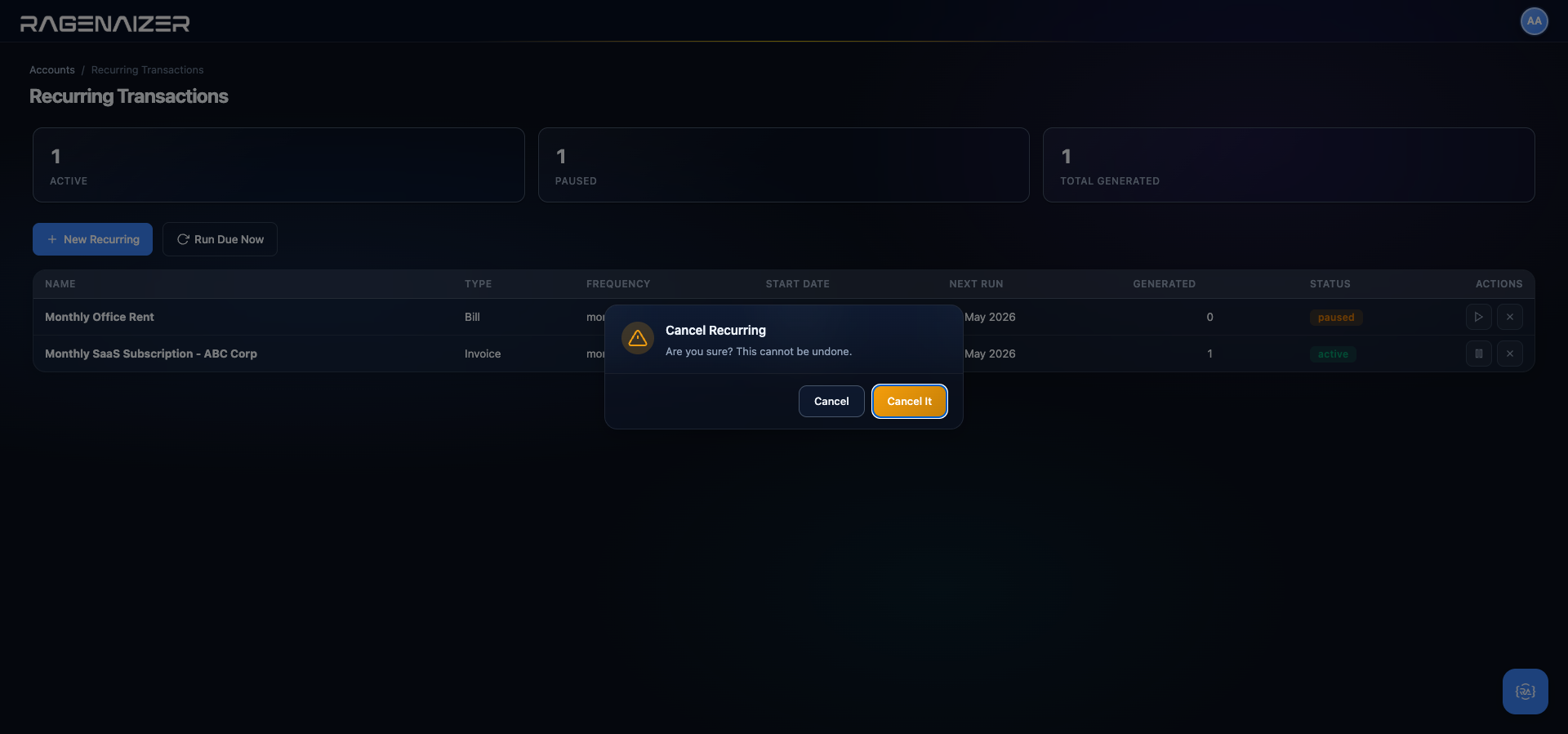 Cancel recurring confirmation