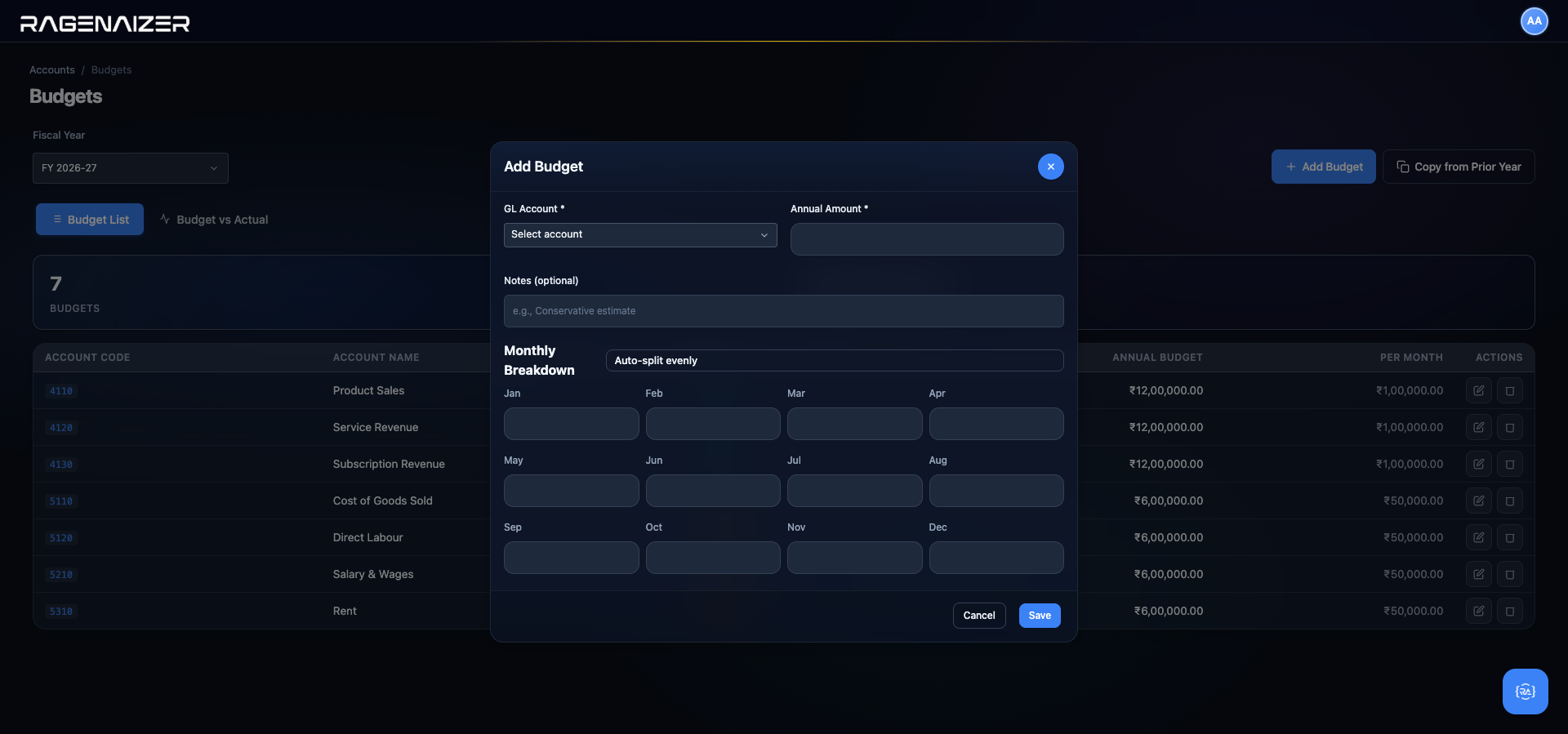 Add Budget modal empty