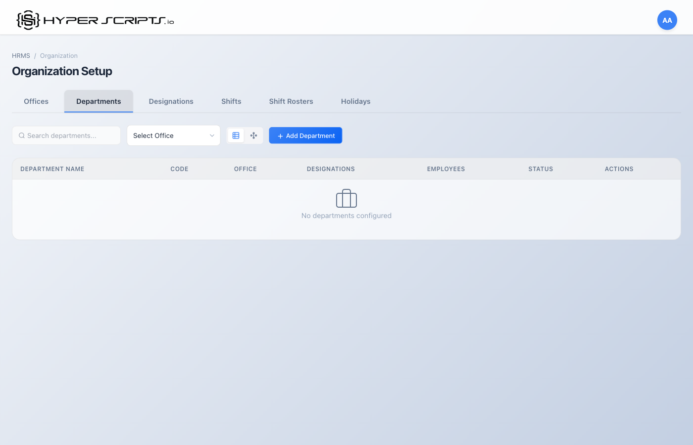 Empty Departments Tab