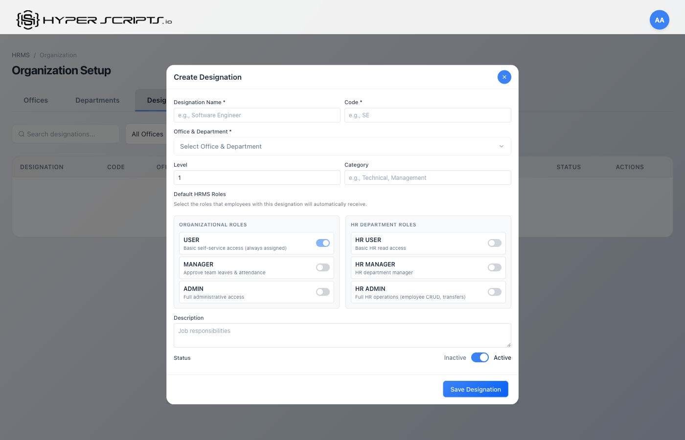 Empty Designation Modal