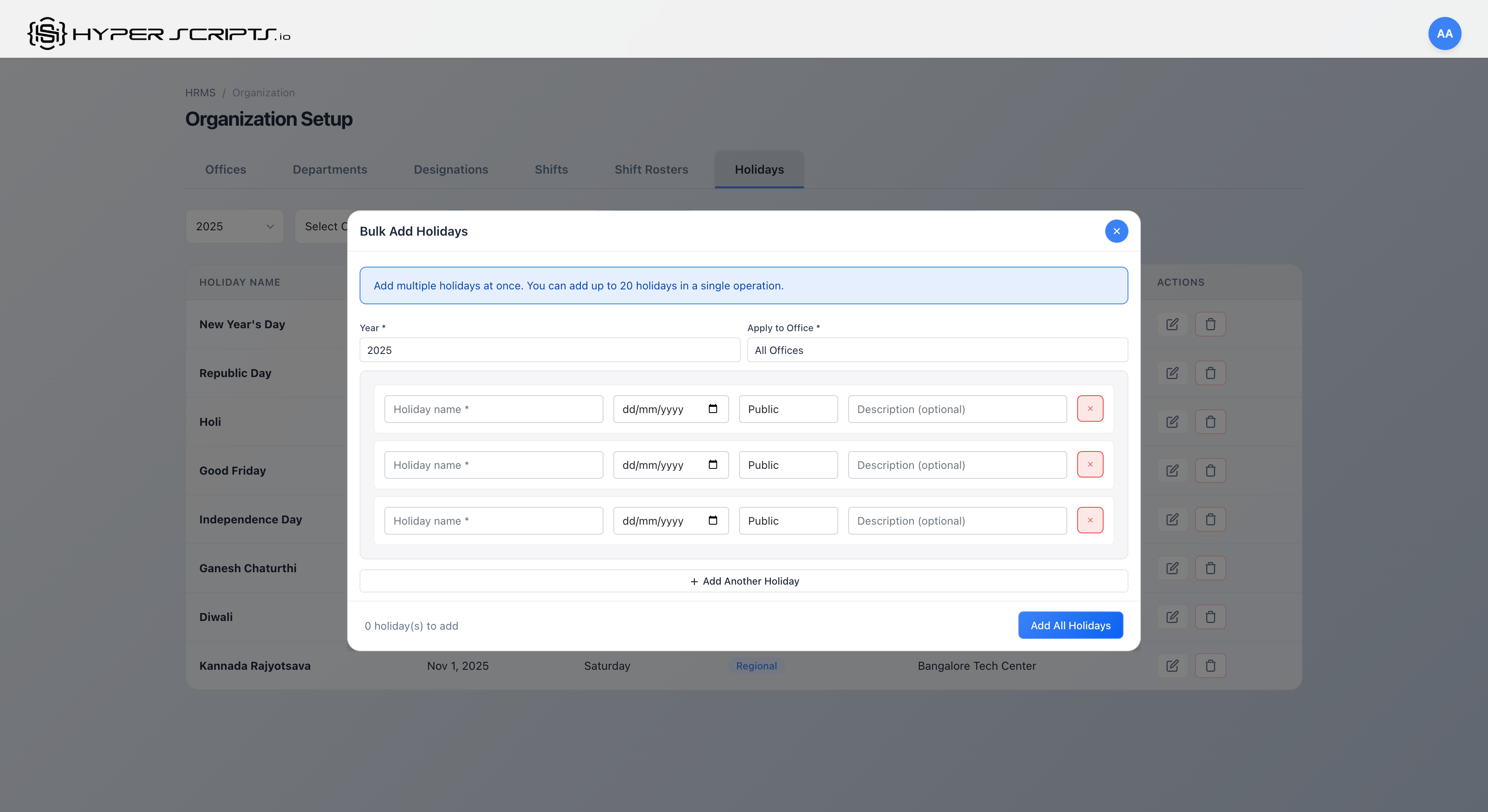 Bulk Add Holidays Modal