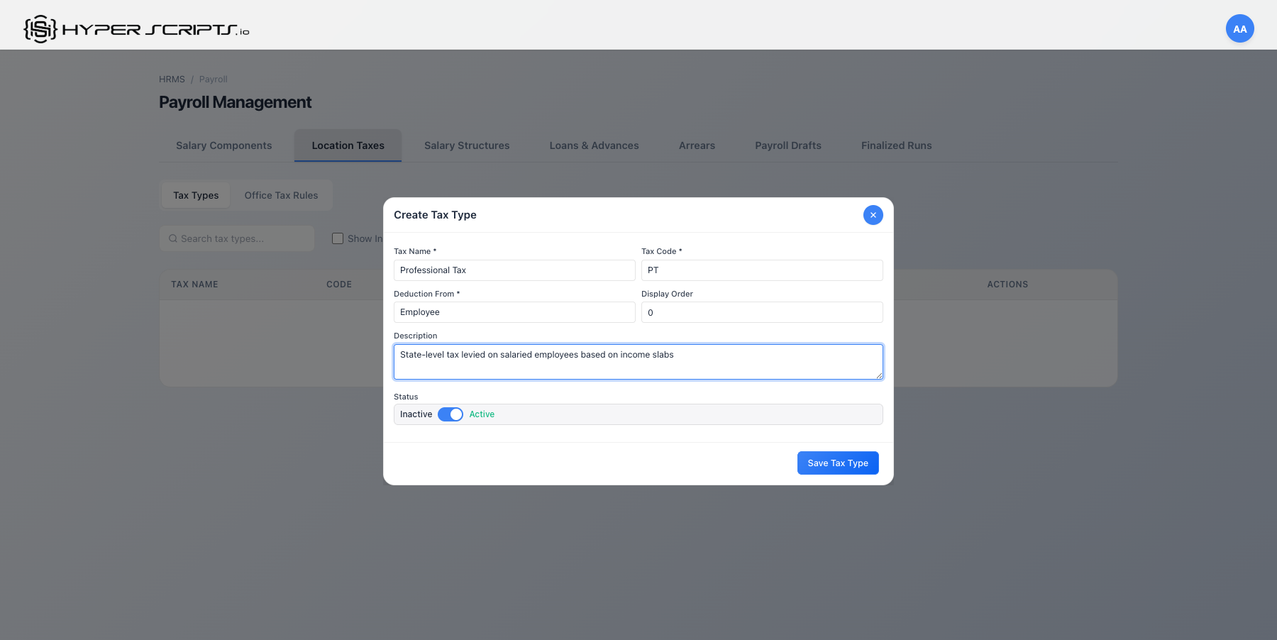 Tax Type Modal Filled