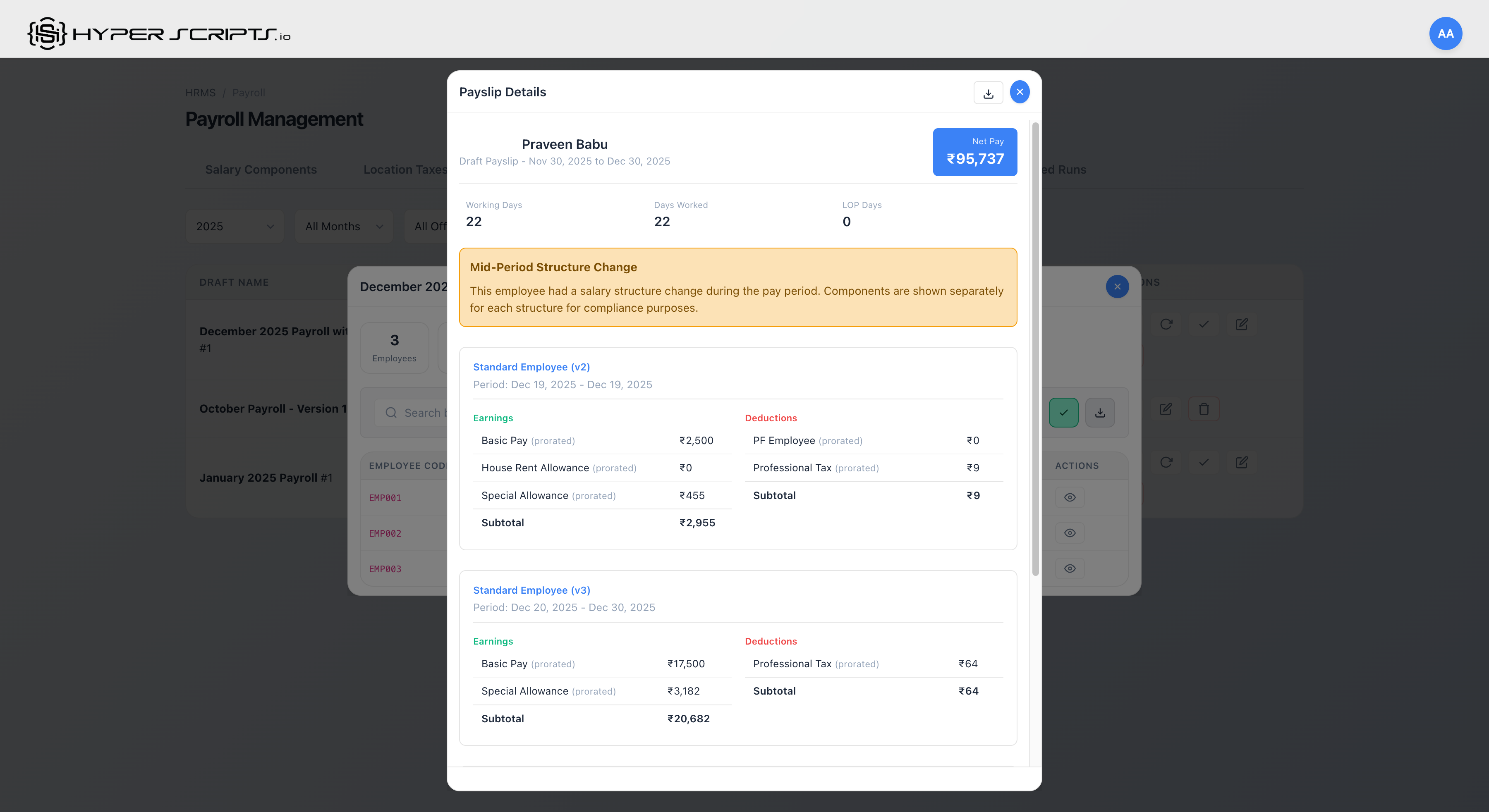 Arrears Breakdown in Payslip