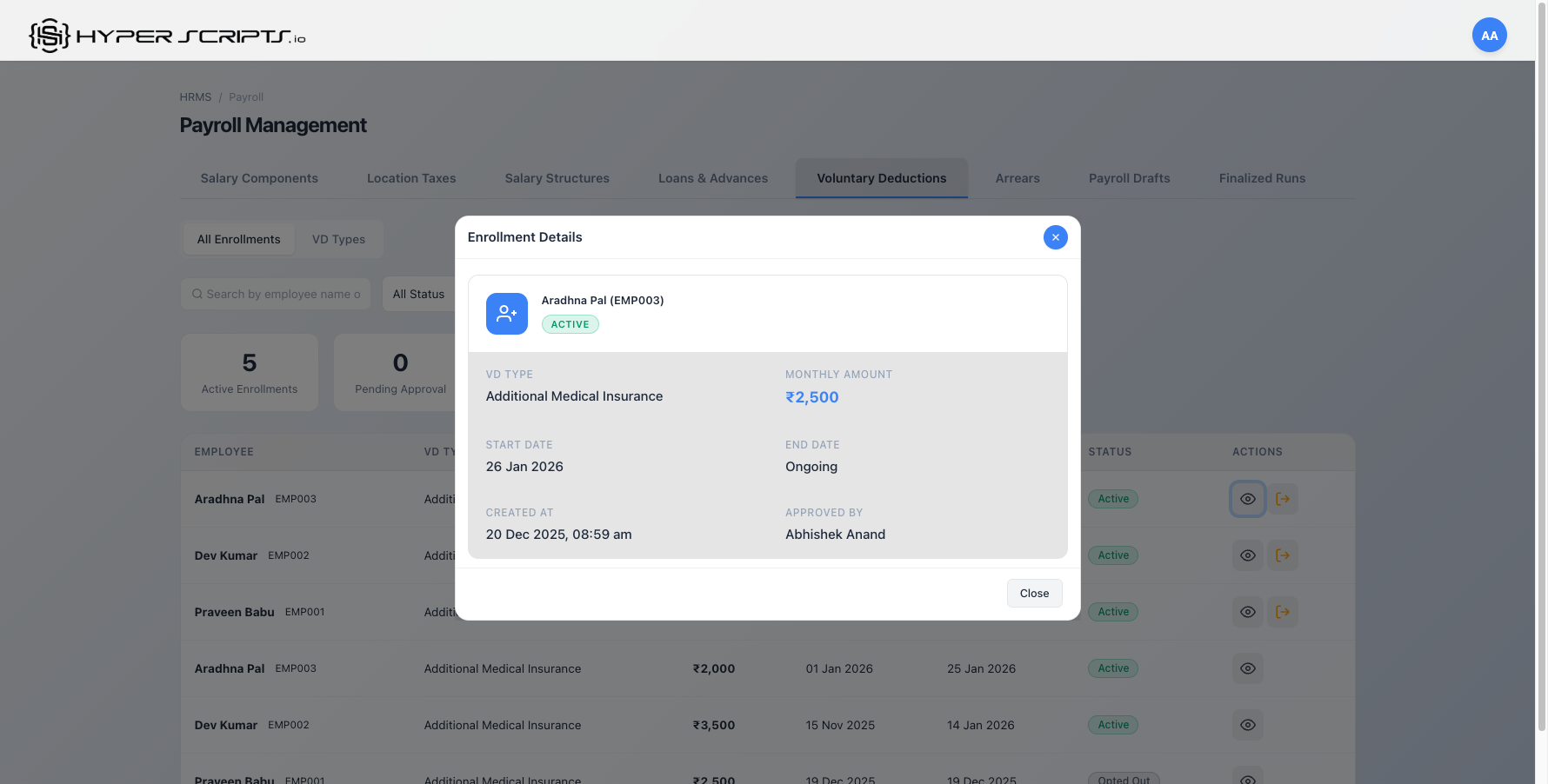 View Enrollment Details Modal