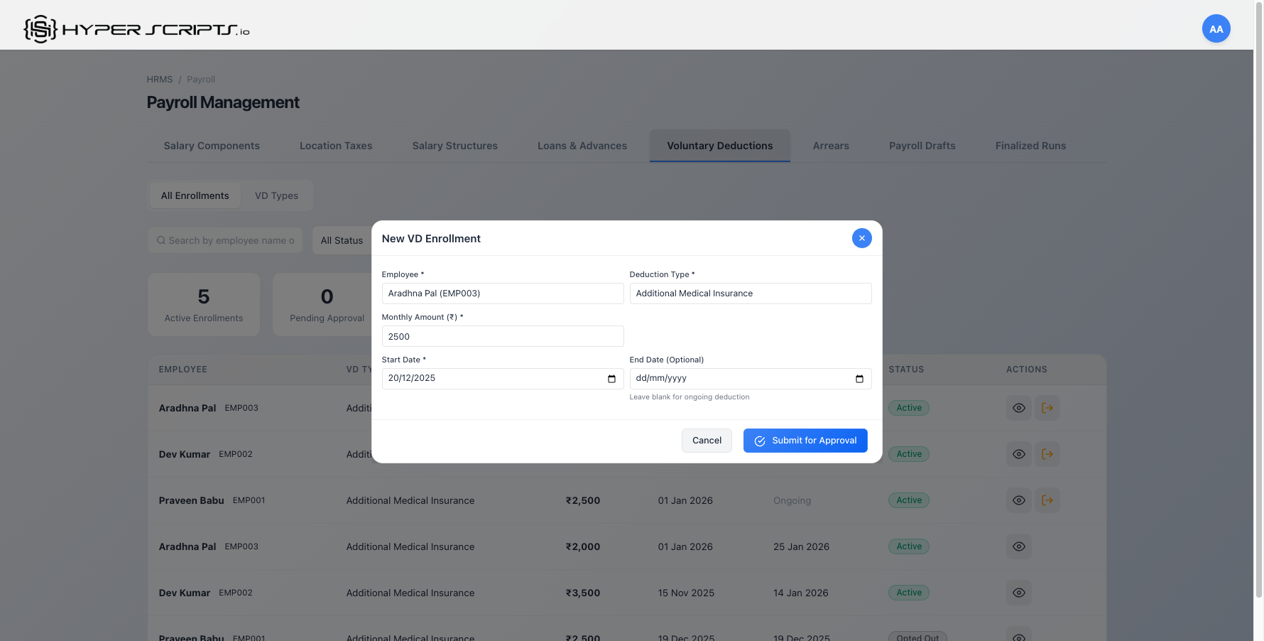 New Enrollment Modal Filled