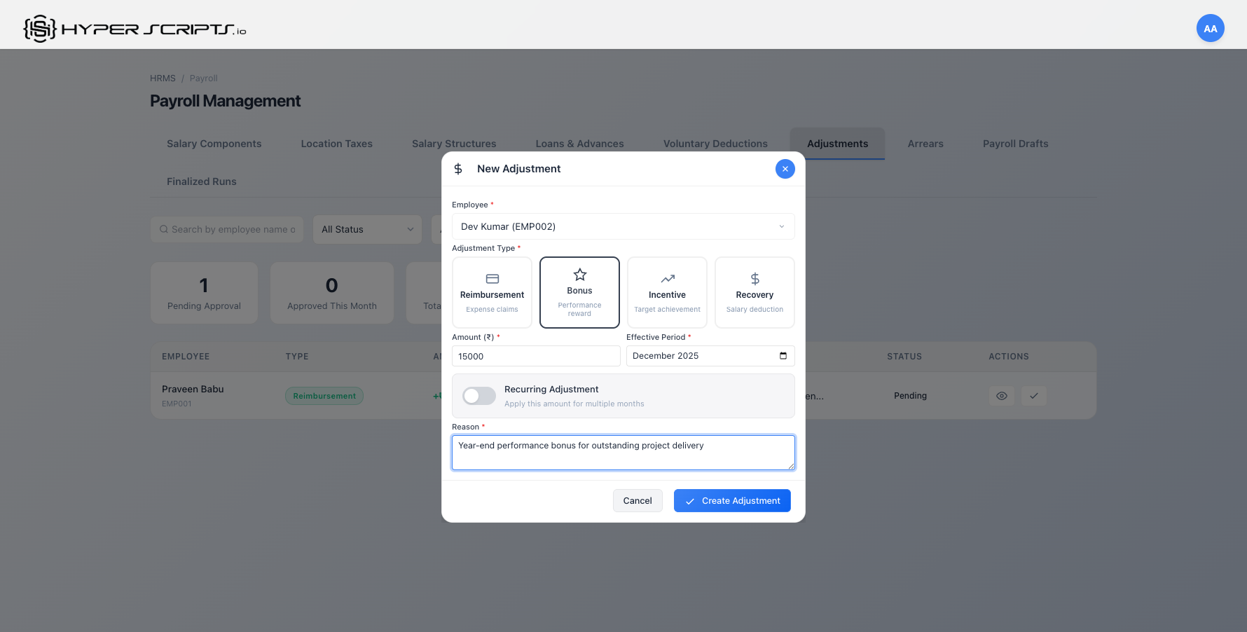 Bonus Adjustment Form