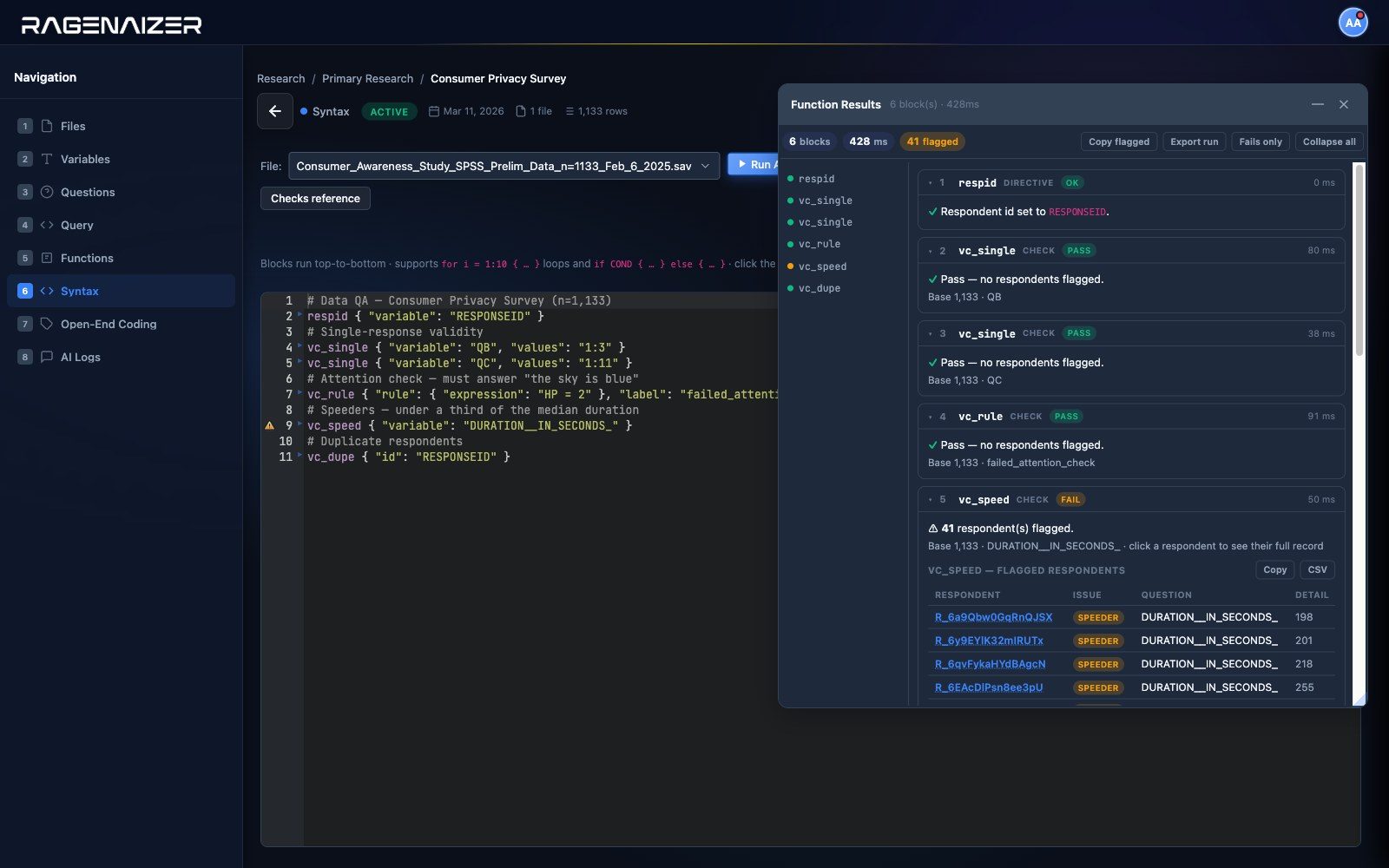 Data validation run — QA script on the left, live pass/fail results with flagged respondents on the right