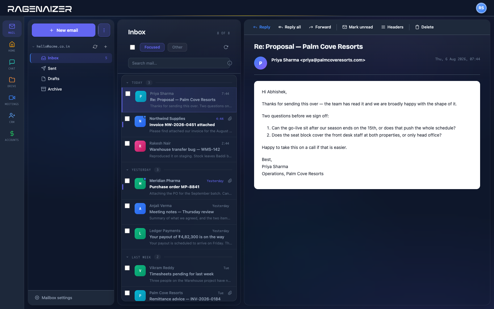 Ragenaizer Mail — connected mailbox with folders, a conversation list grouped by day, and an open message in the reading pane